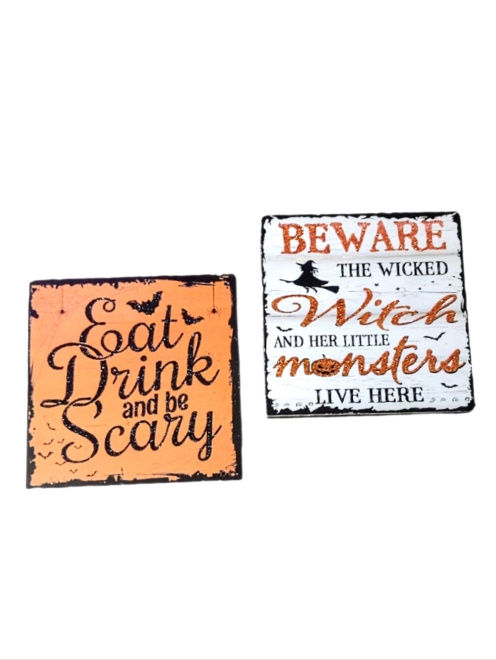 🧡 2pc Black Orange Glitter Wooden Block Sign Halloween Witch Goth Wall Decor